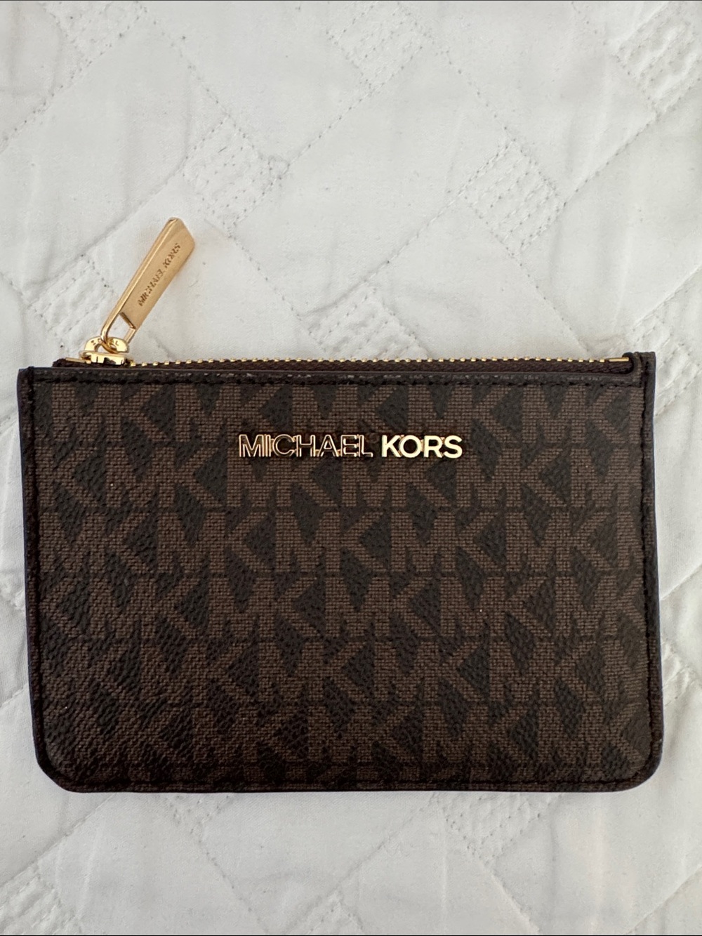 Michael Kors Brown Logo Zip Card Pouch with Gold Hardware